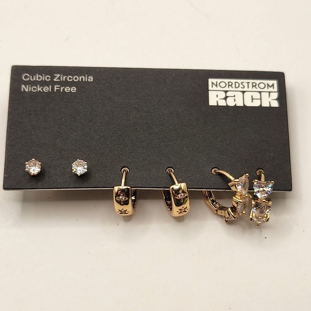 New Nordstrom Rack Gold Tone Cubic Zirconia Earring Set 3 Pairs Studs Hoops